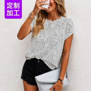 亚马逊新款欧美外贸女式夏季双层袖子套头波点上衣圆领褶皱边衬衫