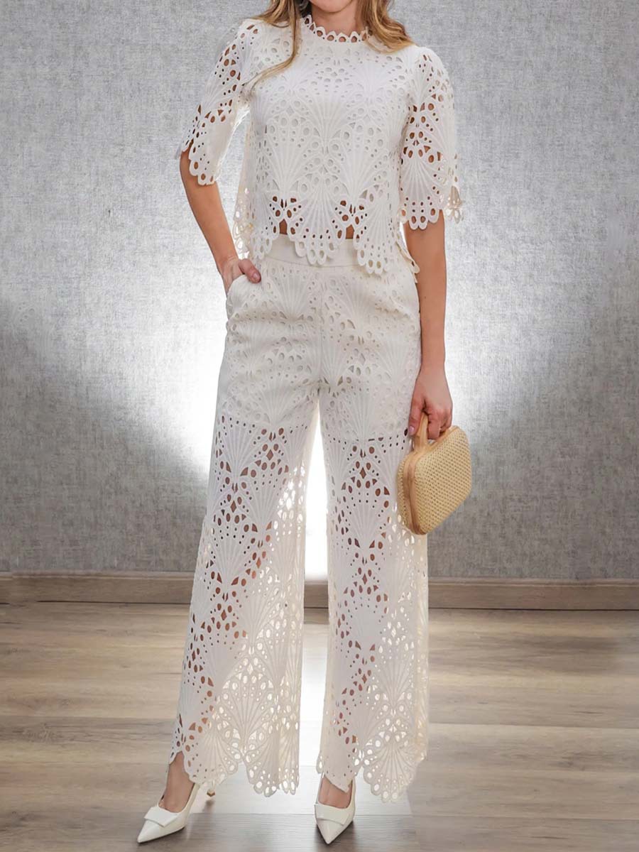 Completo pantalone donna in pizzo floreale elegante chiffon_voghion.com