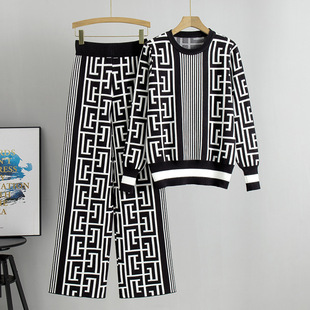 Cross-Border European Goods 2025 Autumn and Winter New Slim Casual Knitted Suit Women's Loose Sweater Wide-Leg Pants Two-Piece Set Trendy