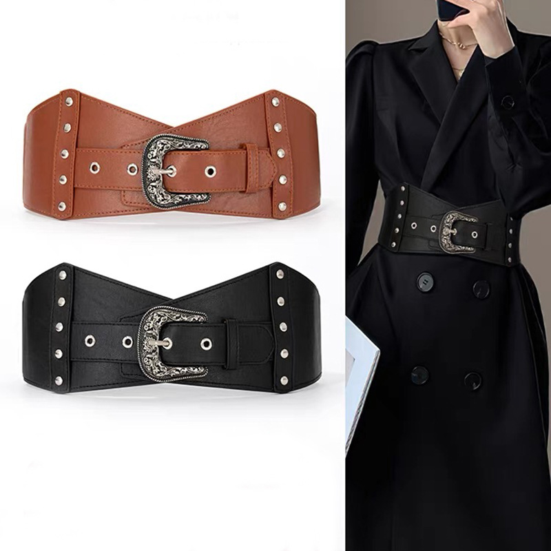 Snidad spänne lång kjolbälte kvinnors kjol elastiskt brett bälte retro snidad nit elastisk midjetätning_voghion.com