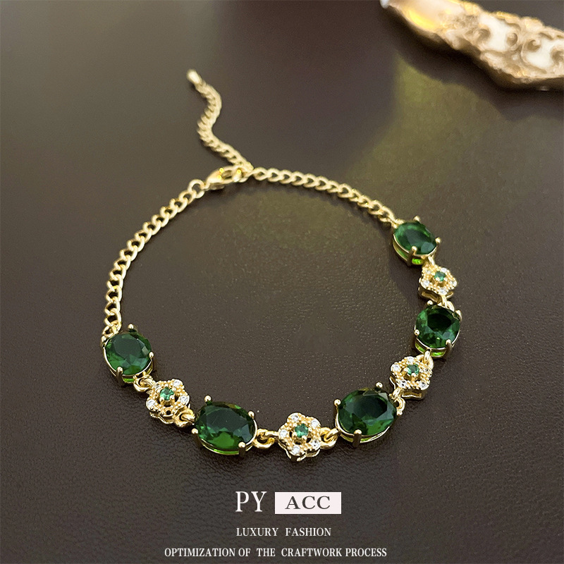Real Gold Electroplated Emerald Diamond Flower Bracelet, Fashionable Accessible Luxury High-End Bracelet, Niche Retro Exquisite Hand Jewelry