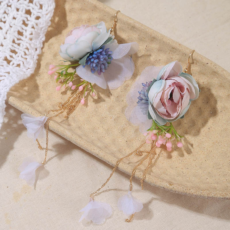Korean Simple Long Tassel Fabric Flower Earrings display picture 5