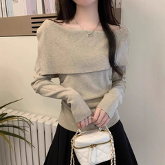 设计感一字肩翻领长袖针织衫女春秋内搭修身甜辣打底毛衣外穿上衣