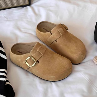 Retro Lazy Casual All-match Bocken Shoes Women's 2025 Spring New Soft Leather Slip-on Thick Bottom Half Slippers