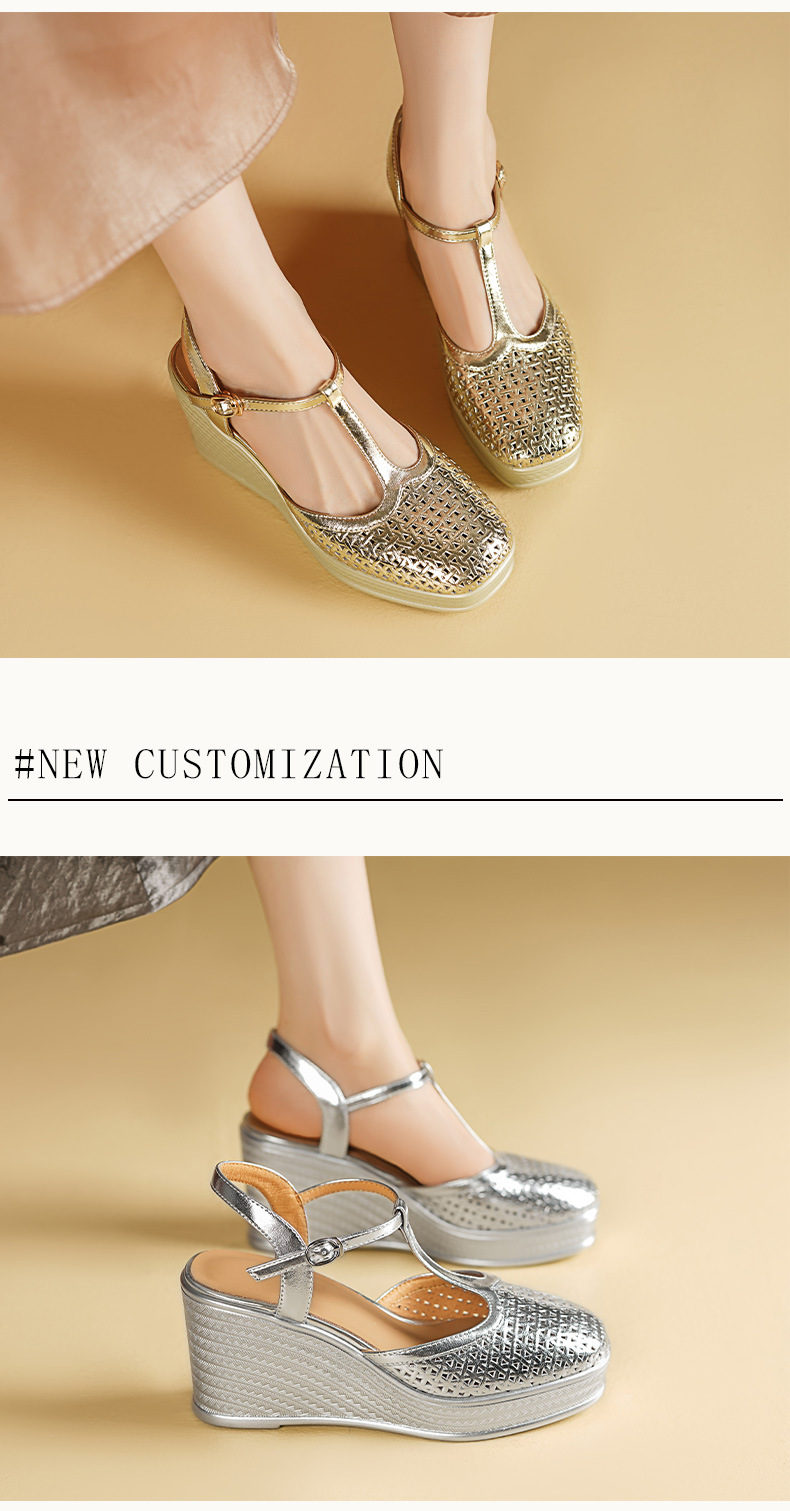 Sandal nữ cao gót mũi hở quai chữ T da thật đế xuồng 9 cm — màu vàng, bạc chi tiết 3