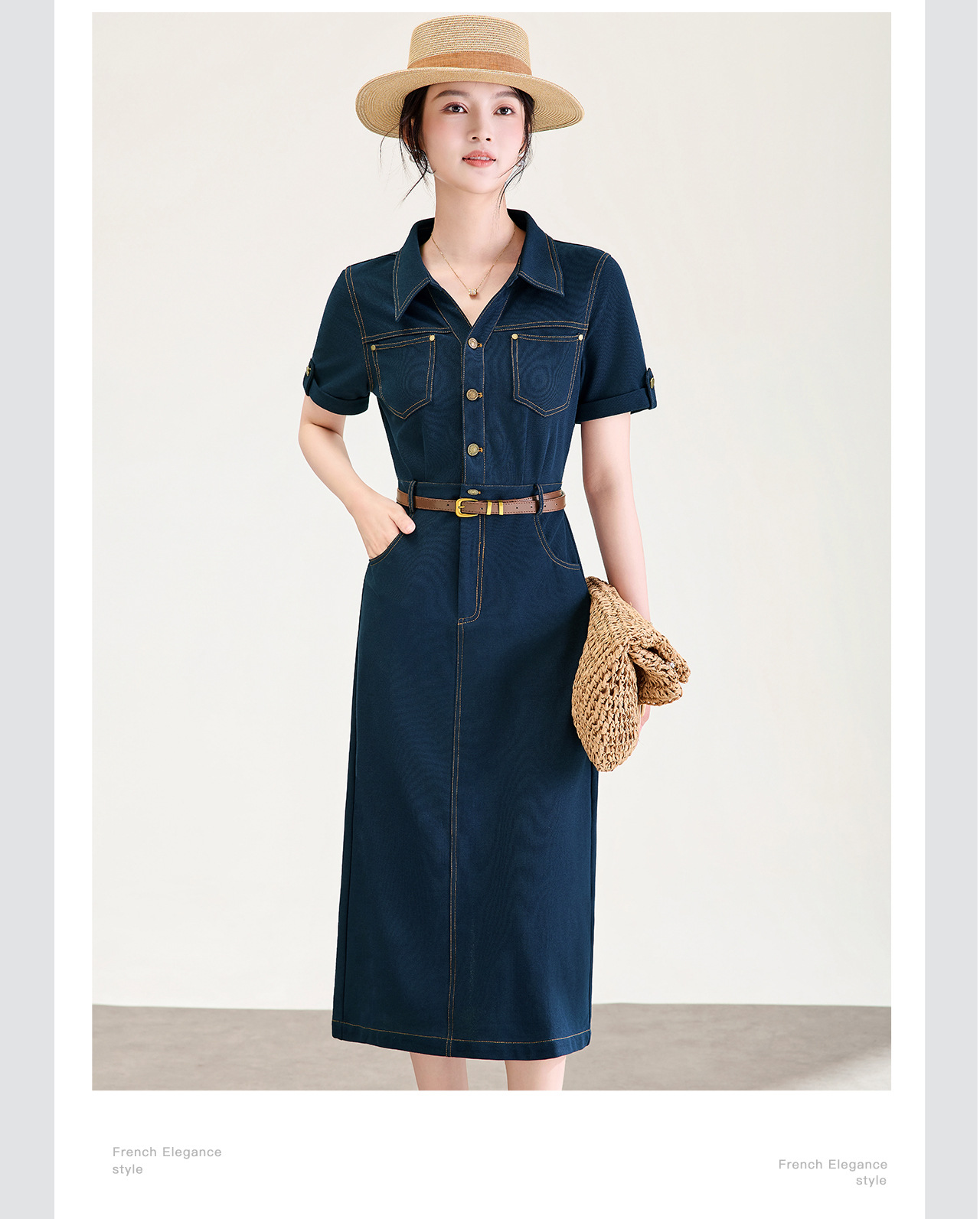 Đầm denim nữ cổ V eo cao tay ngắn dáng ôm — xanh lam chi tiết 8