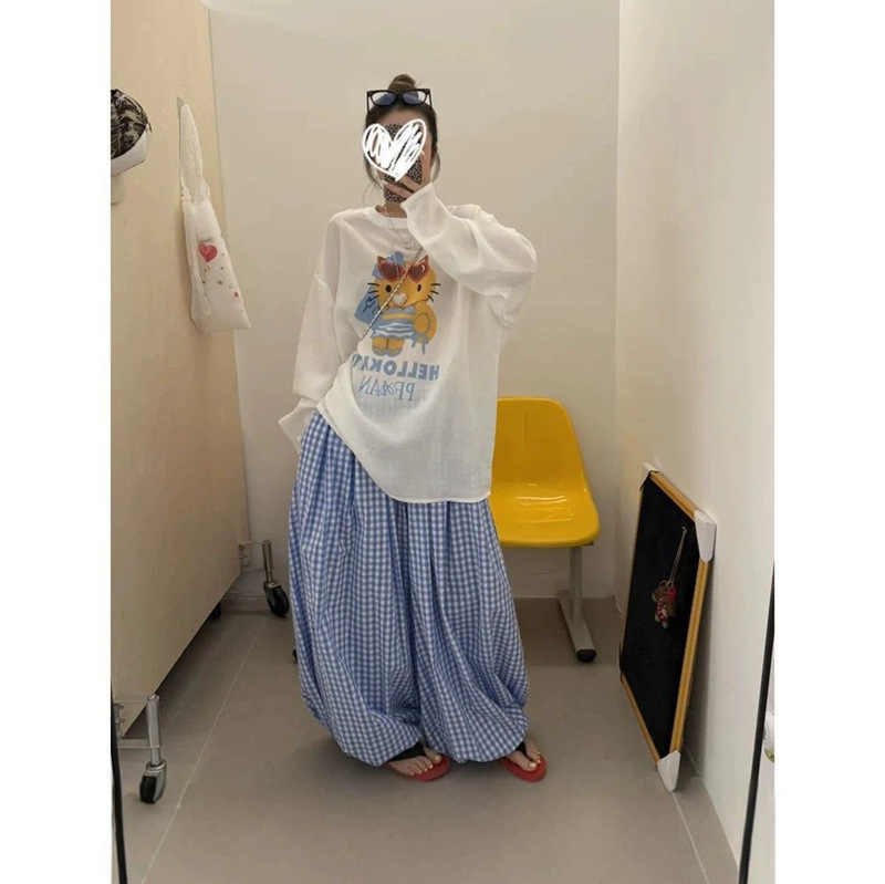 [Factory Direct Sales] Original Ramie Cotton Kitty Print T-Shirt for Women, Loose Thin Long-Sleeved Blouse