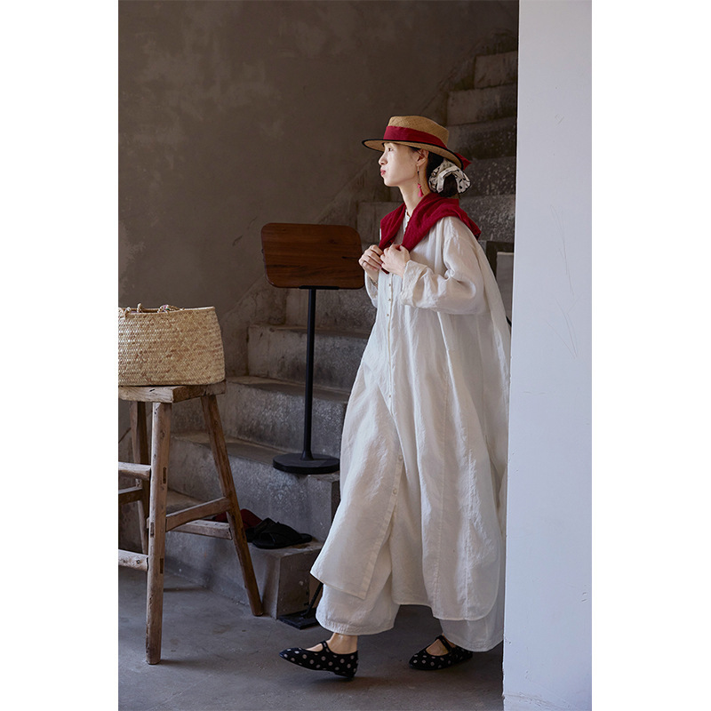 White Lightweight Ramie Long Shirt Dress, Skin-Friendly, Loose-Fitting, Zen-Inspired Chinese-Style White Robe, Plus-Size Women's Outerwear
