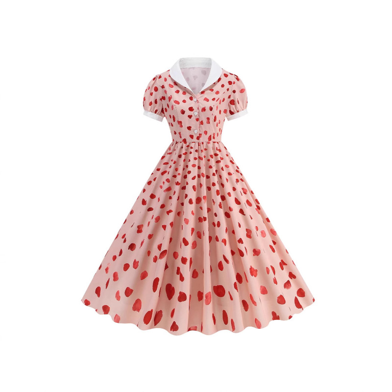 Amazon cross-border foreign trade women's short sleeve dress love petal printing retro elegant fresh skirt 8856