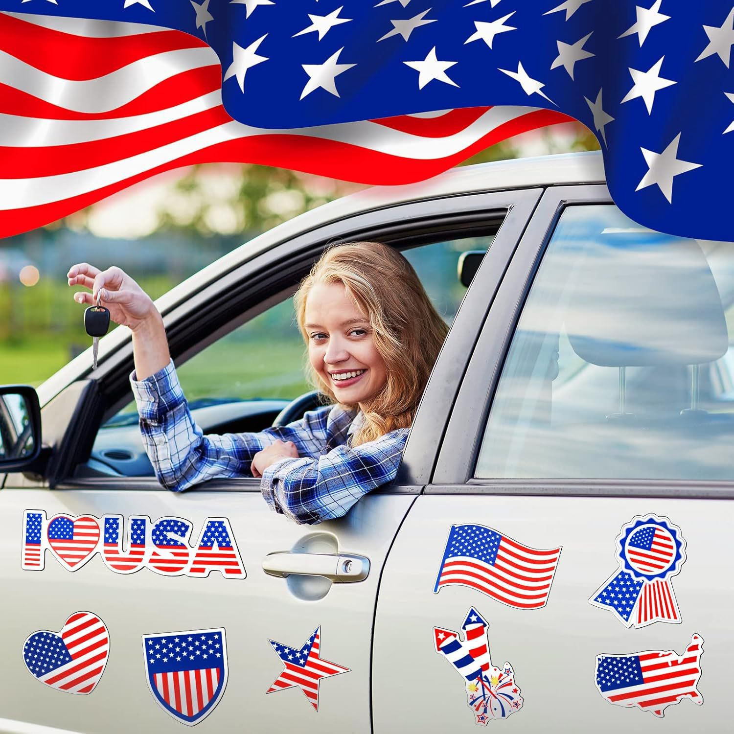 Amazon American Independence Day Etiqueta engomada magnética para automóvil Bandera estadounidense Refrigerador Imán Etiqueta engomada magnética para puerta de automóvil conmemorativa