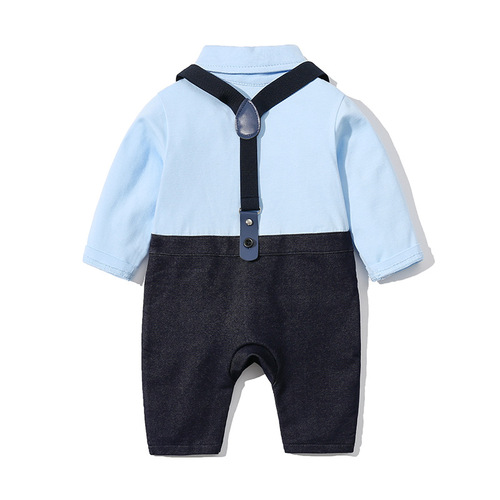 Baby romper, spring and autumn long-sleeved gentleman's sling jumpsuit, handsome 100-day boy baby one-year-old romper