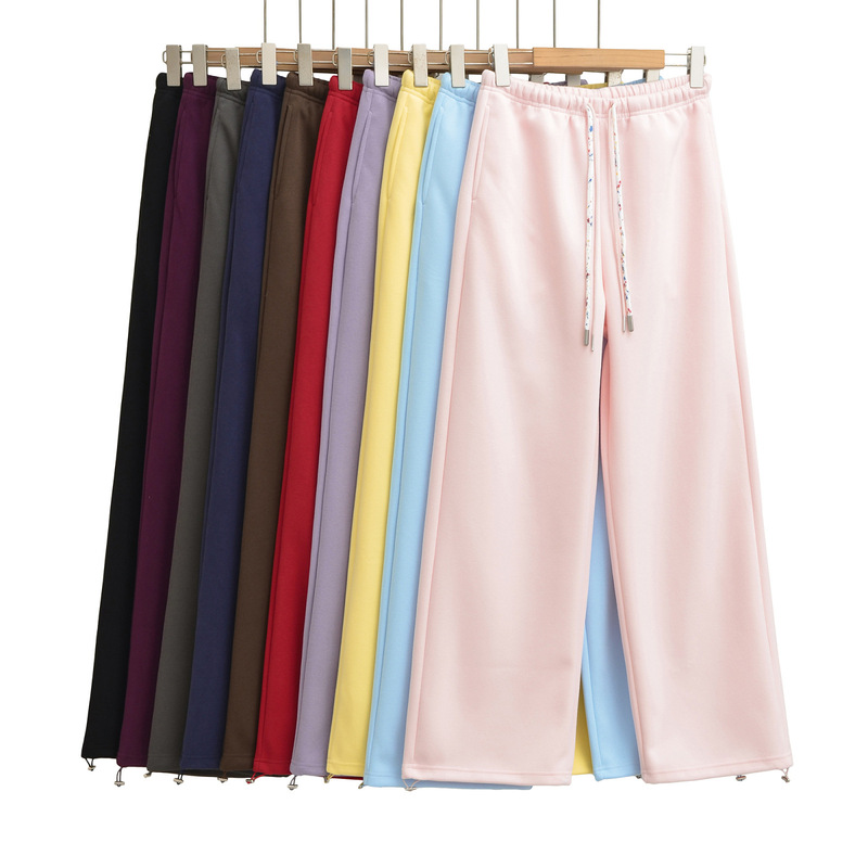 American-Style Pocketed Off-White Straight-Leg Elastic Waist Cuffed Casual Pants for Women, 2026 Spring New Cotton Wide-Leg Long Pants