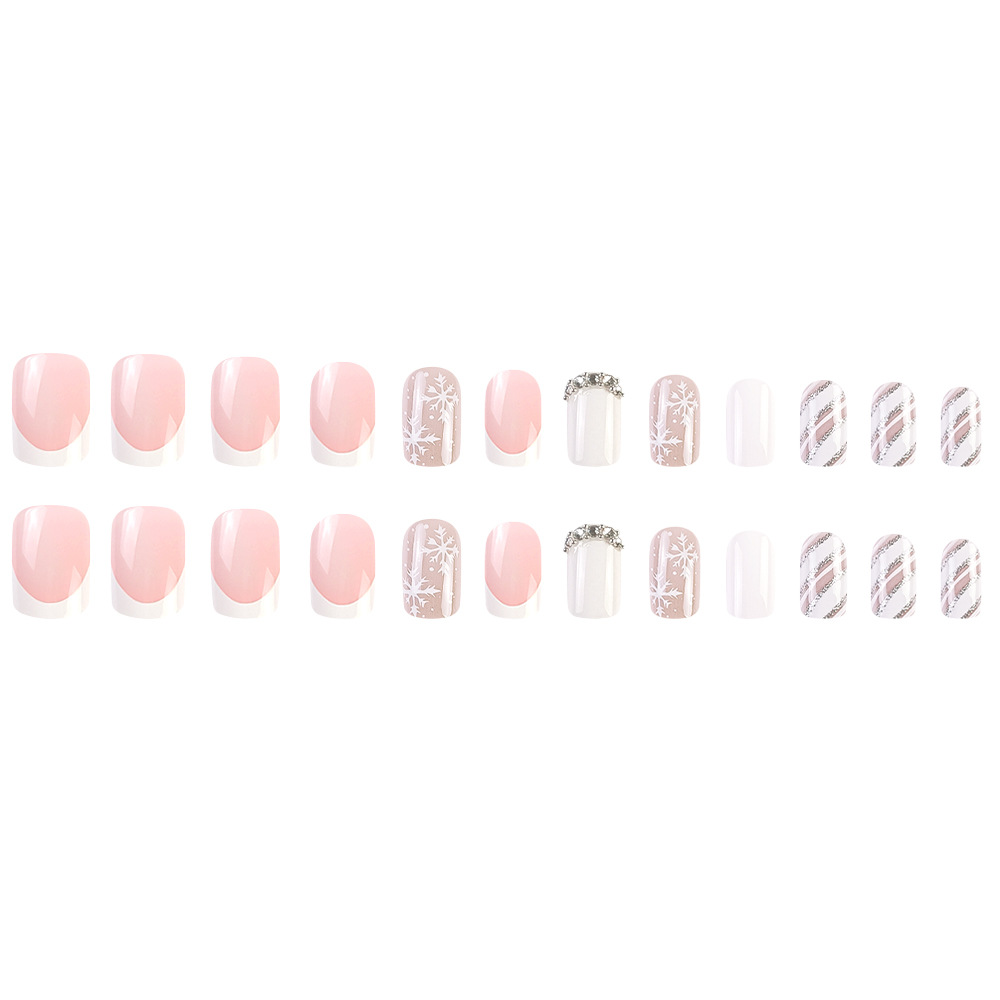 Europa y los Estados Unidos polvo blanco otoño y invierno flocos de nieve con uñas incrustadas con rayas de perforación de uñas de estilo largo Navidad lujosa hoja de uñas