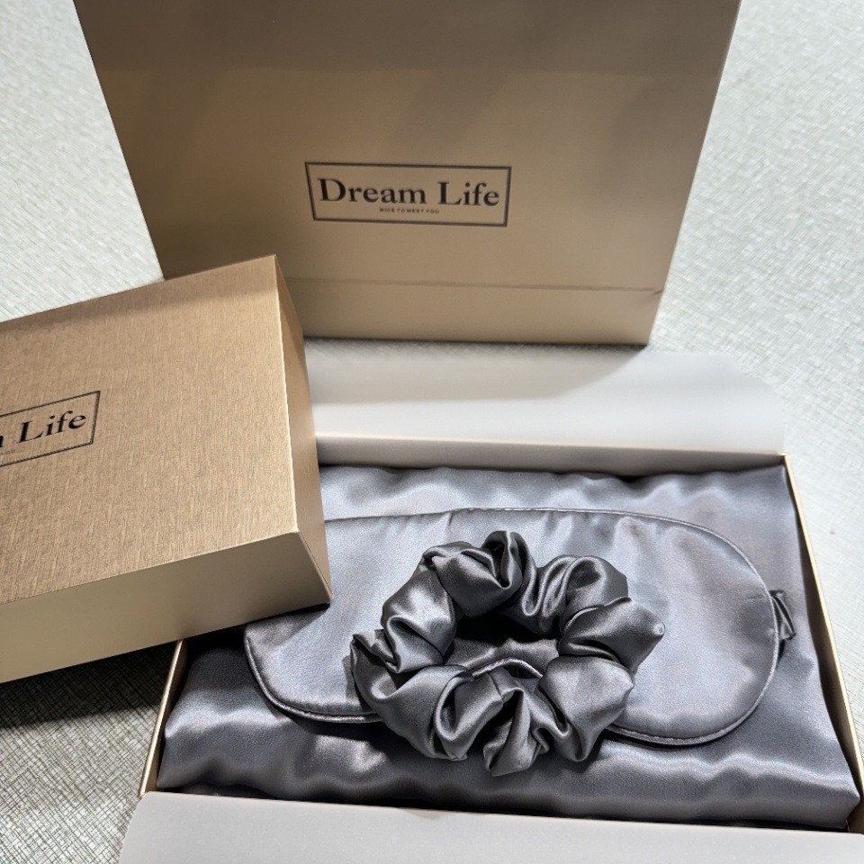 Regalos de alta gama, almohada de seda de alta calidad, cubierta de ojos, anillo de cabello, caja de regalo de seda, 100% seda de morera, conjunto de tres piezas