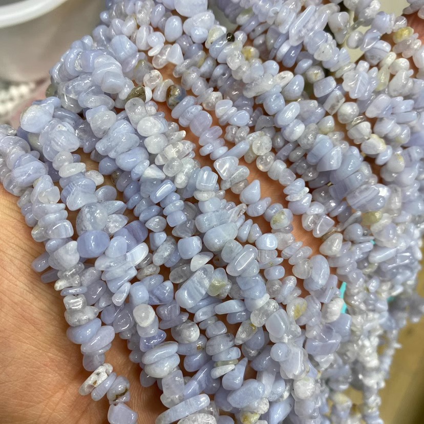 천연 파란색 줄무늬 마노 자갈 긴 끈 자갈 5-7mm 길이 약 85cm