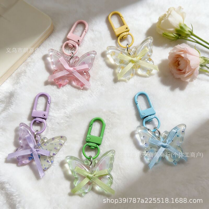 Macaron Color Transparent Butterfly Keychain Ribbon Glitter Acrylic Pendant Bag Decoration DIY Accessories Multi-Color