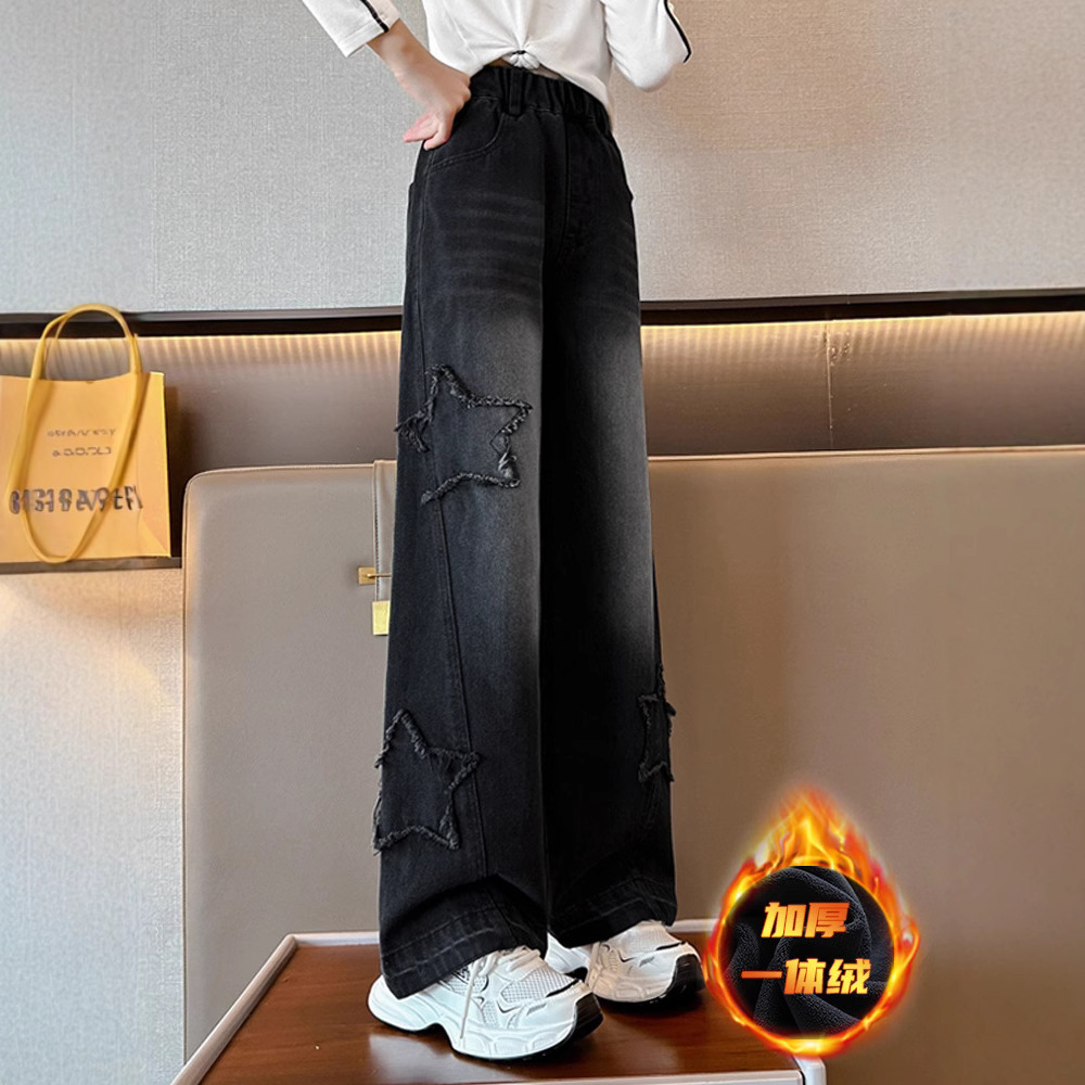 Girls' wide-leg jeans, autumn and winter style, thickened and fleece-lined, loose straight-leg jeans, black winter children's pants.