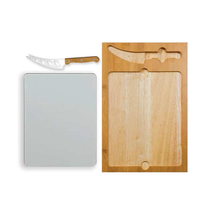 Wholesale bamboo cheese board cheese tray suit tempered glass tray with cheese knife solid wood chopping board BSCI