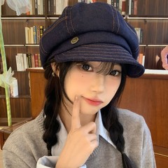 日系复古牛仔贝雷帽女文艺气质八角报童帽百搭显脸小云朵画家帽子