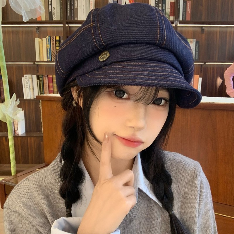 日系复古牛仔贝雷帽女文艺气质八角报童帽百搭显脸小云朵画家帽子|undefined