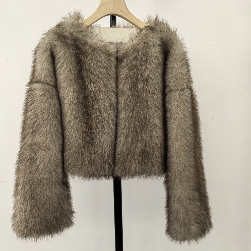 Damenbekleidung, umweltfreundlicher Kunstpelzmantel, kurze Winterjacke, weicher Plüsch, Rundhalsausschnitt, modische Oberbekleidung, benutzerdefinierte Farben (Weiß/Creme, Grau/Creme, Braun)_voghion.com