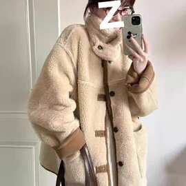 欧货2025冬季新韩版宽松短款小个子皮毛一体羊羔毛加厚外套女上衣