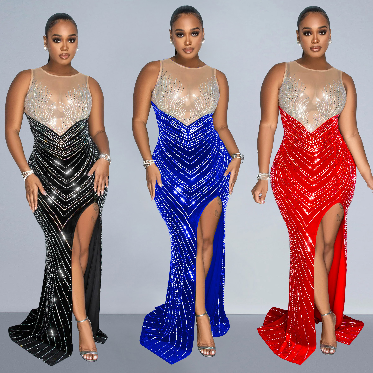 C6807 transfronteriza AliExpress Amazon europeo y americano de las mujeres de moda de color sólido cuello redondo sin mangas vestido de diamantes de imitación vestido