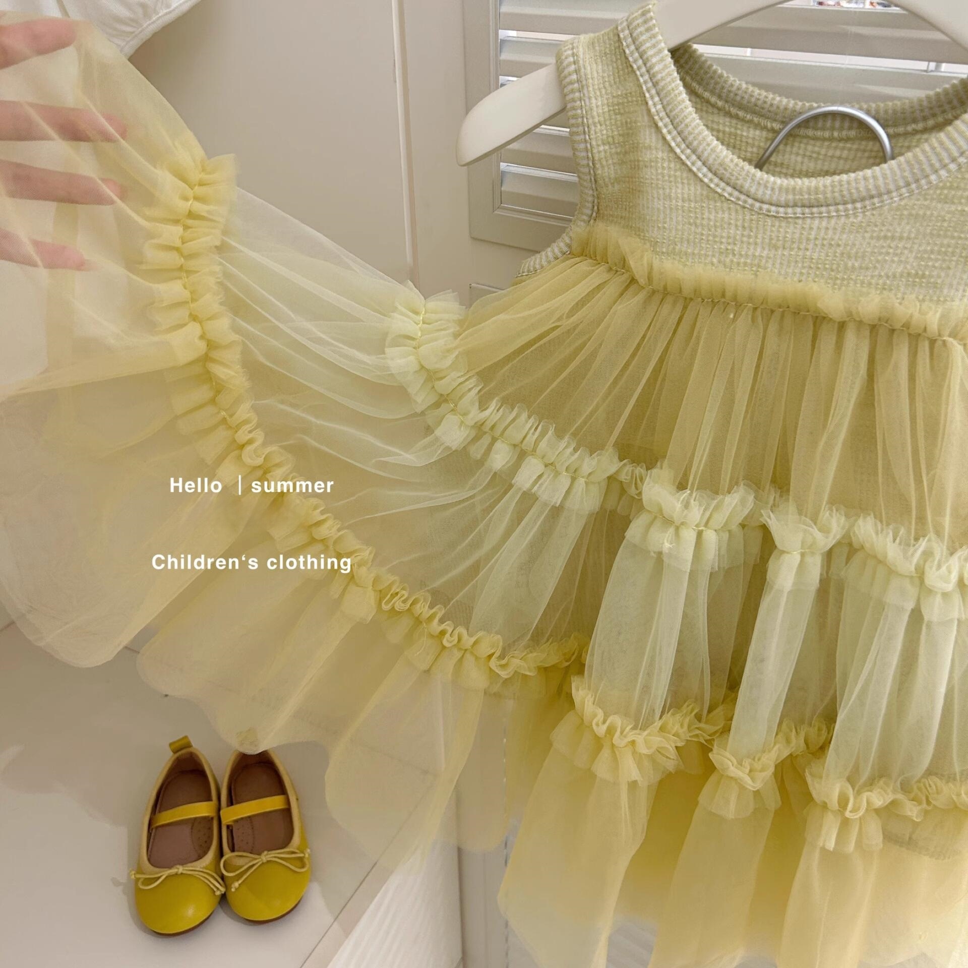 [Xianning Seven] Vestido de chaleco de costura de malla para niñas coreanas Falda larga de hadas Vestido de princesa de estilo occidental para bebés