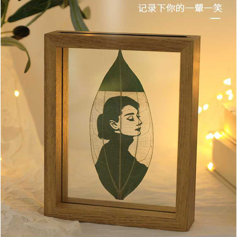 Double-sided glass leaf carving photo frame table 67810 inch square leaf display frame European wooden photo frame diy