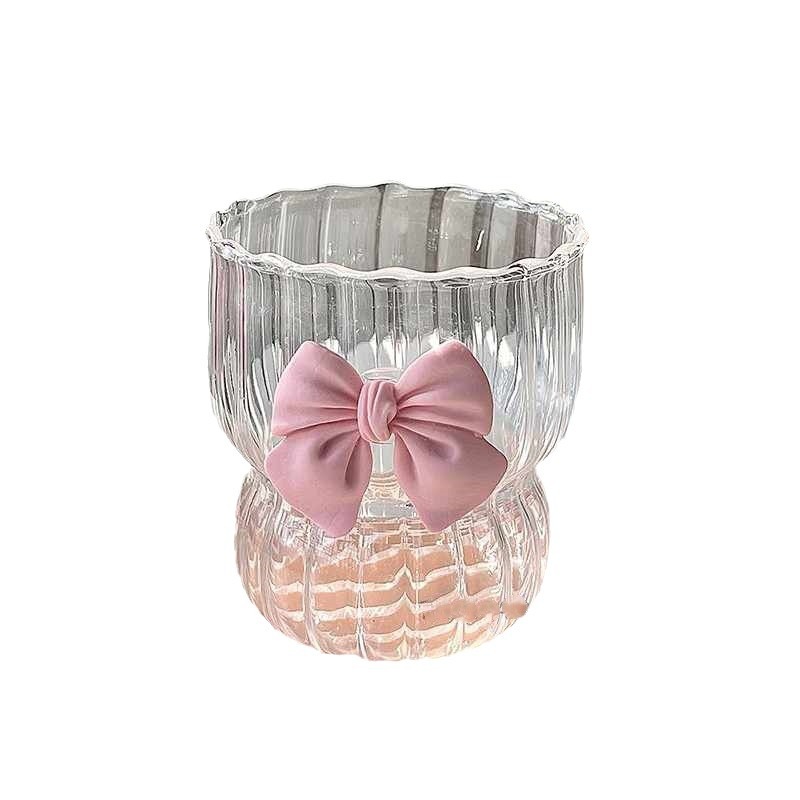 Taza de café resistente al calor con lazo rosa, taza de vidrio de borosilicato alto, patrón vertical, taza gorda, taza de té, corazón de niña