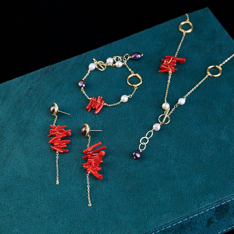 淡水巴洛克黑珍珠手鏈紅珊瑚耳墜長款項鏈新年首飾套裝女7154G