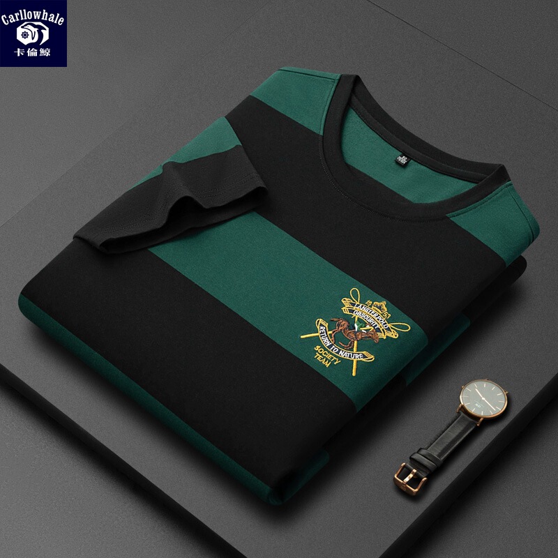 Karen Whale Wide Stripe Short-sleeved T-shirt Men's Top Casual plus size T-shirt Trendy Brand All-match Round Neck Short-sleeved T-shirt