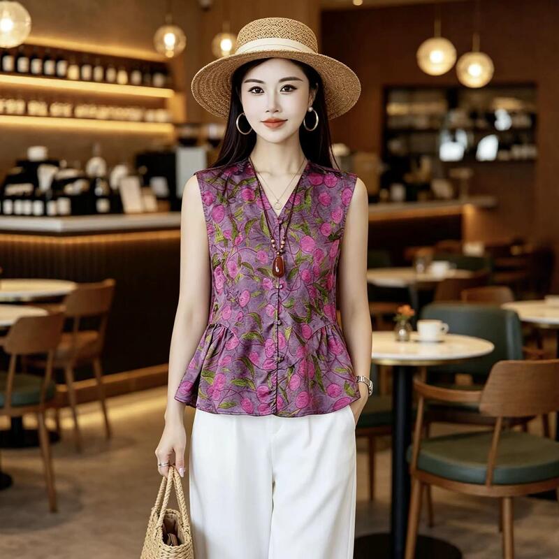 Summer New Style New Chinese-Style National Style Women's Sleeveless Blouse Retro Designer Light Luxury Rayon Xiangyun Silk Top Summer New Style New Chinese-Style National Style Women's Sleeveless Blouse Retro Designer Light Luxury Rayon Xiangyun Silk Top