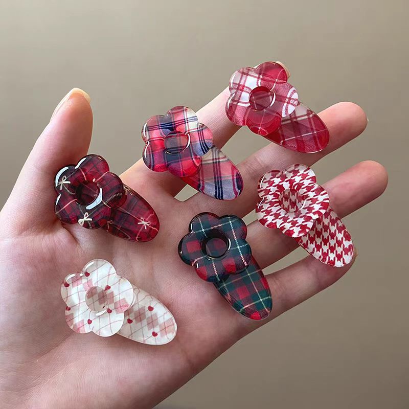 学院风红色格子小发夹女侧边刘海夹发卡感减龄气质鸭嘴夹发饰