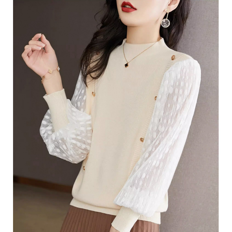 2025 otoño camiseta de punto de viento fragrante primavera y otoño suéter de fondo de cuello medio alto camiseta de manga corta de linterna
