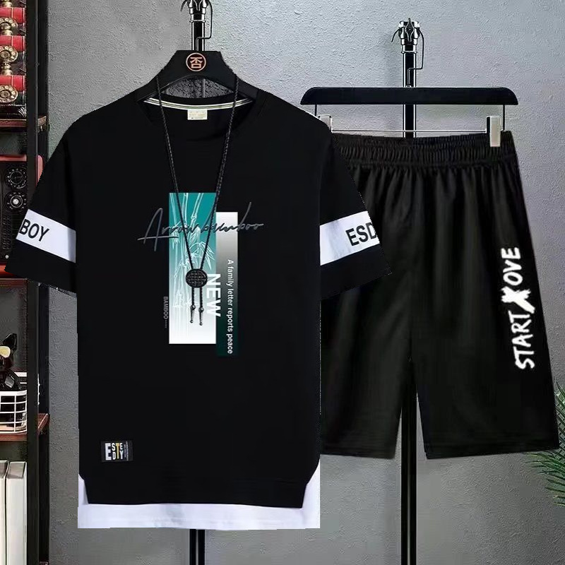 Verano estudiante juventud deportes pantalones cortos de dos piezas traje casual de los hombres de moda delgada Camiseta de manga corta comercio exterior