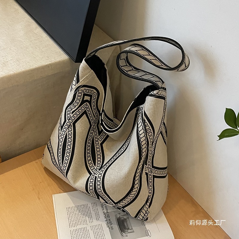 小众设计感图腾水桶包包女大容量麻料慵懒风购物袋洋气森系单肩包|undefined