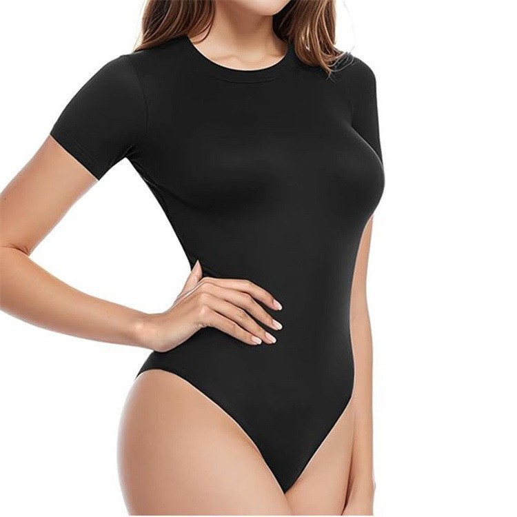 欧美纯色连体短袖塑身衣收腹提臀丁字裤束身衣大码休闲紧身连体衣