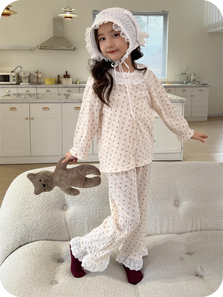 Cardigan de primavera para niños, set de algodón elástico coreano lindo ropa de aire acondicionado, pijamas de encaje, ropa para el hogar para bebés