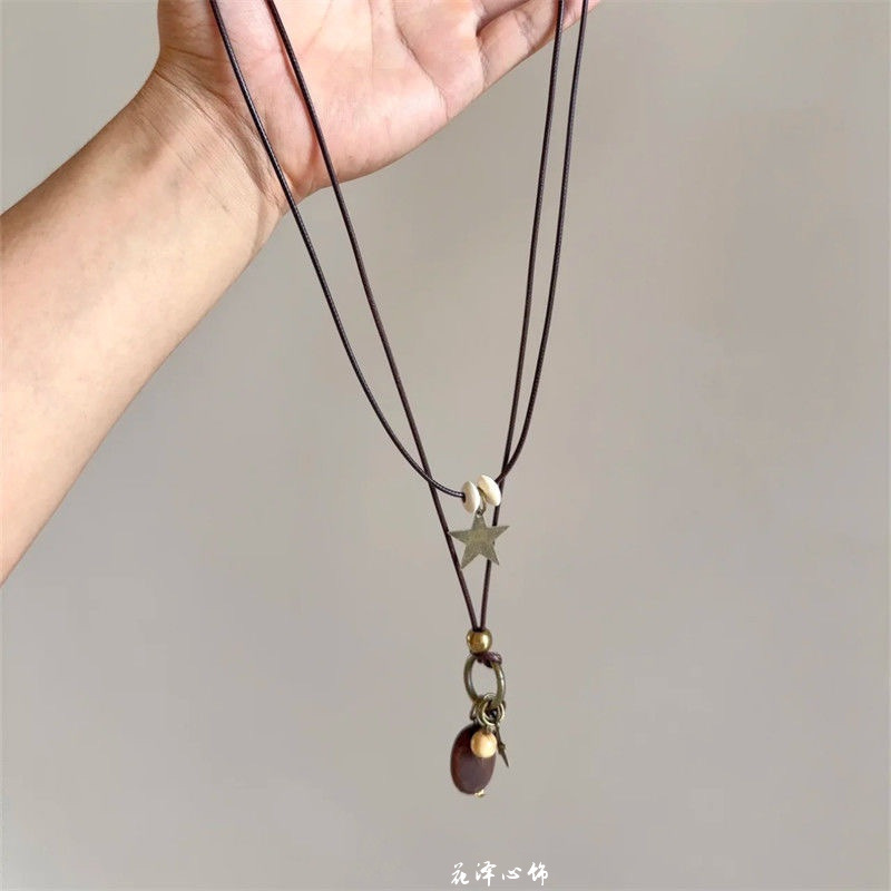 民族风彩色爱心串珠项链女小众高级感棕色编绳长款双层锁骨毛衣链|undefined