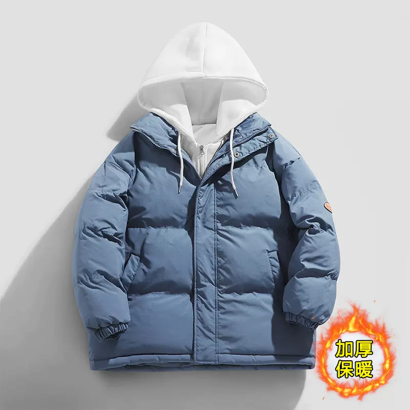 假两件棉衣男连帽羽绒棉服潮牌加厚大码棉袄港风情侣面包服外套男