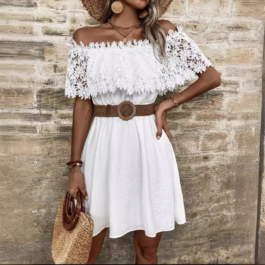 Wish, AliExpress, eBay: Summer European and American style women's dress with water-soluble lace trim, off-shoulder and waist-cinching design.