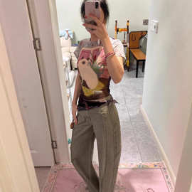 直销多巴胺美式猫咪印花正肩短袖T恤女夏季修身显瘦辣妹上衣