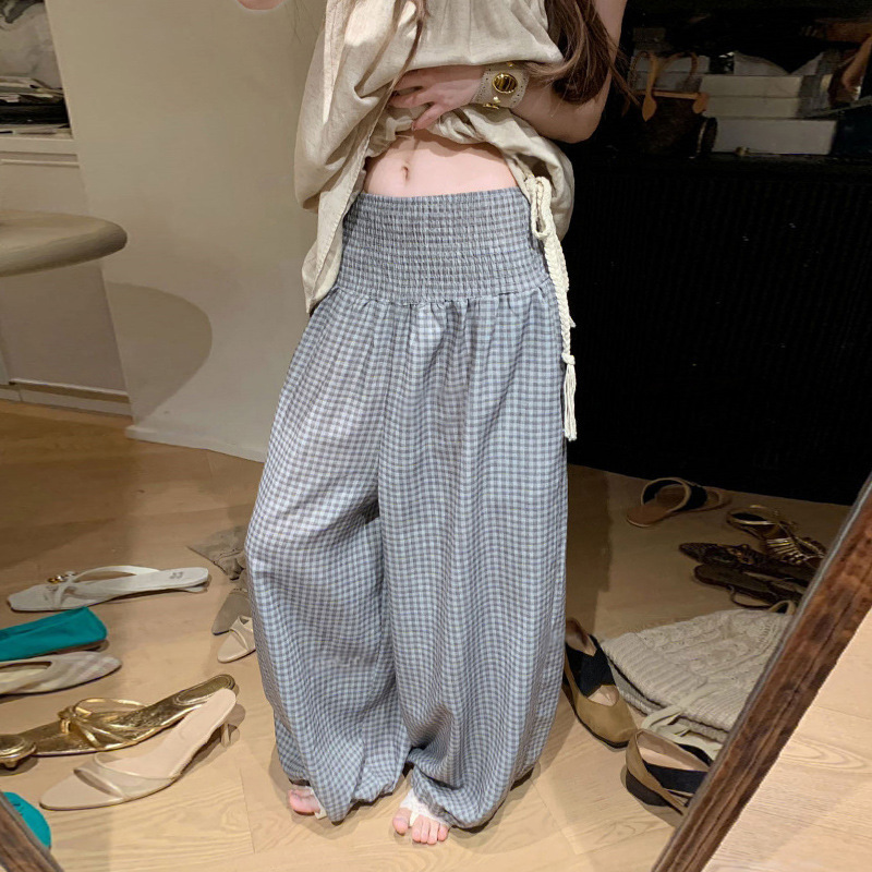 Maternity summer loose-fitting casual style elastic-waisted gray plaid pants, high-end look, versatile and stylish for outerwear