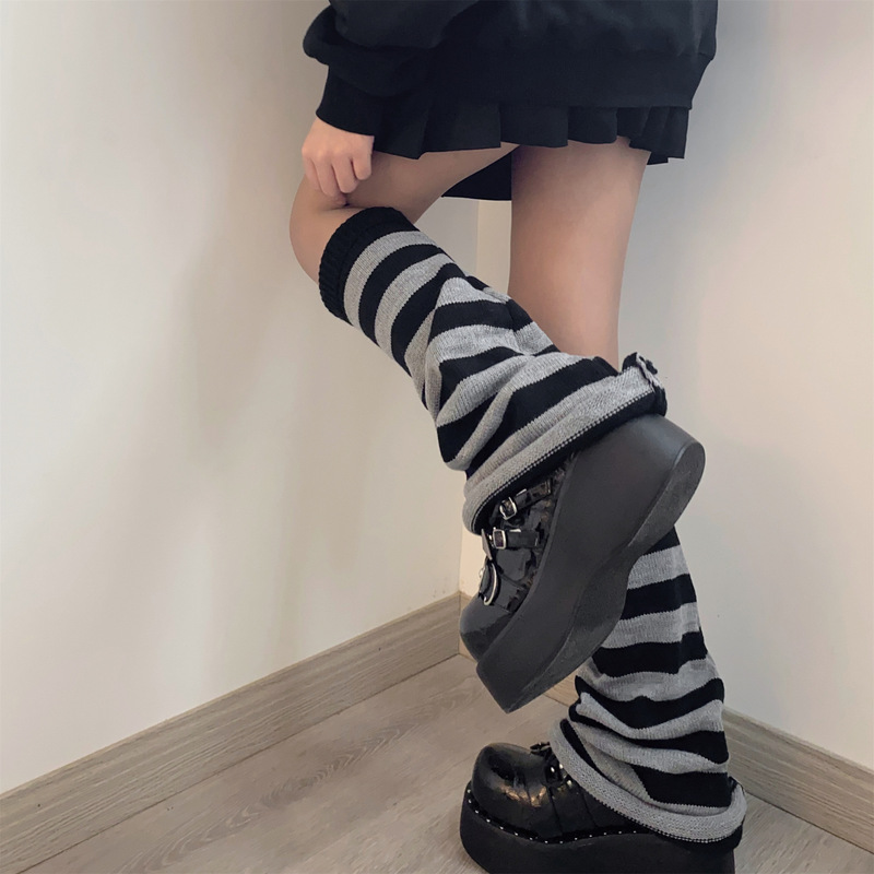Lolita Striped Wide-Leg Sock Covers for Autumn and Winter, Warm Calf Sock Covers for Jk Girls, Paired with Foot-Warming Slouch Socks
