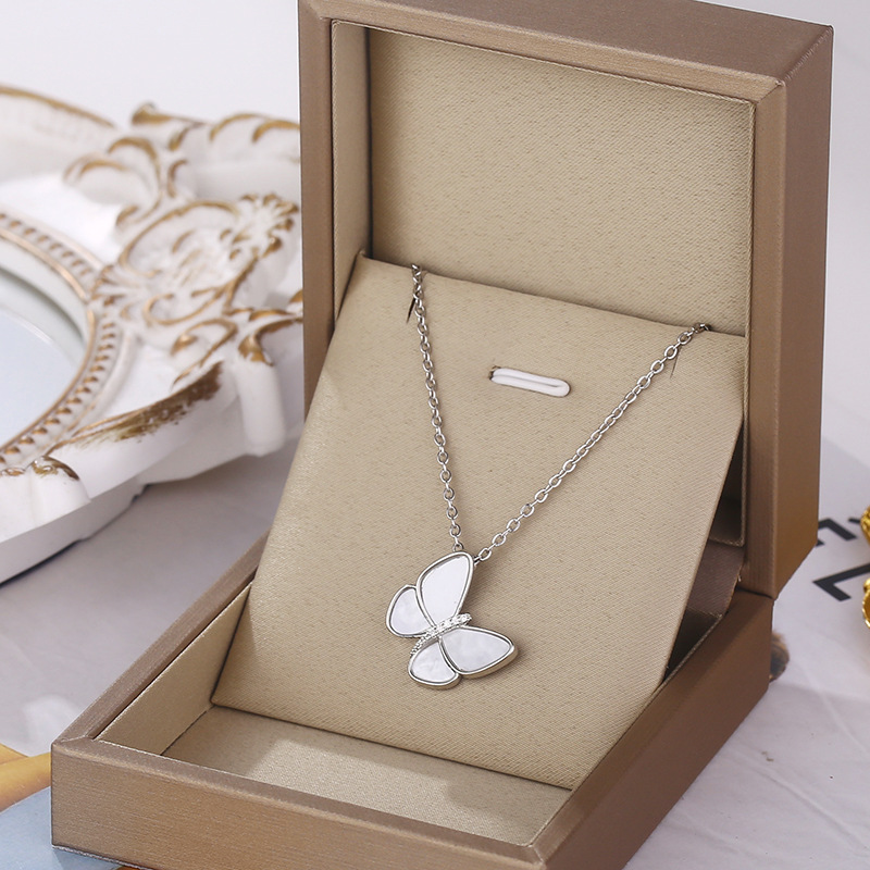 Fashion Heart Shape Butterfly Fish Tail Titanium Steel Inlay Artificial Pearls Rhinestones Necklace