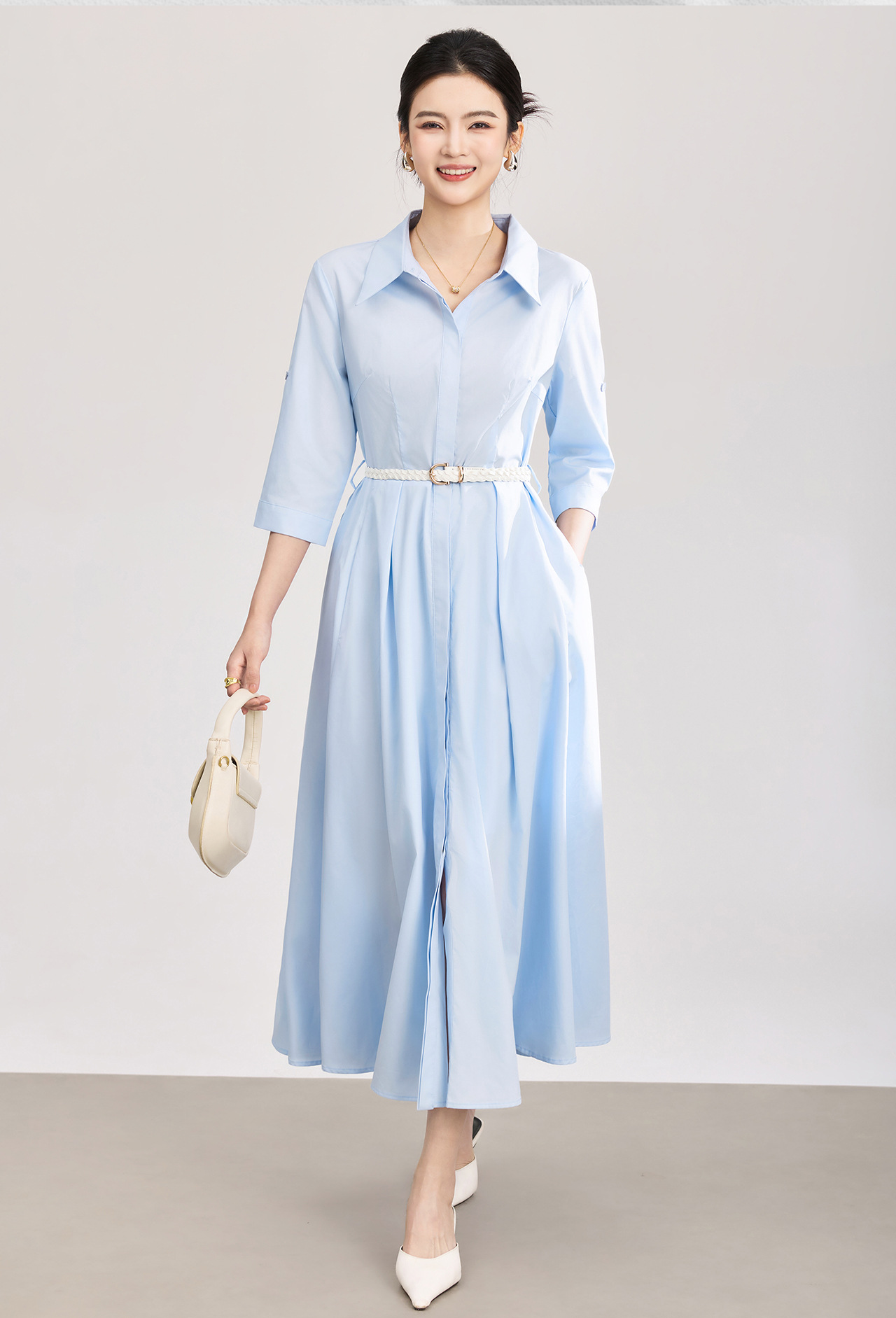 Đầm sơ mi nữ tay dài cổ ve, chất liệu tơ tằm pha cotton, dáng suông thoải mái — xanh lam chi tiết 2