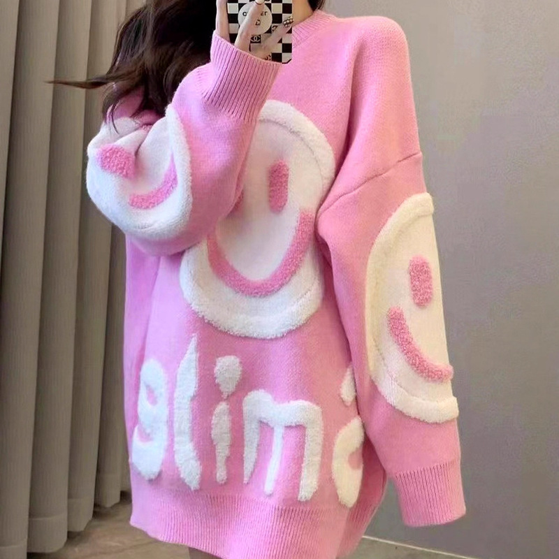 Osaka Loose Sweater Women's Autumn and Winter Women's Fashion Easiest for Match Commuting Pullover Mid-Length Smiley Face Round Neck Knitted Top