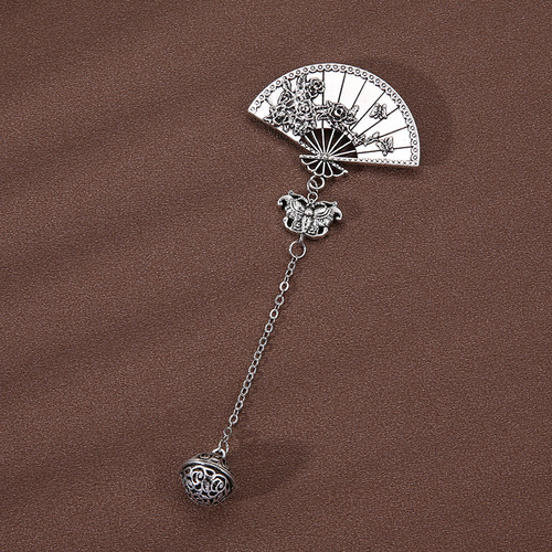 Chinese style retro plum blossom fan brooch women's cheongsam placket buckle bell tassel pendant Hanfu pin Miao silver accessories