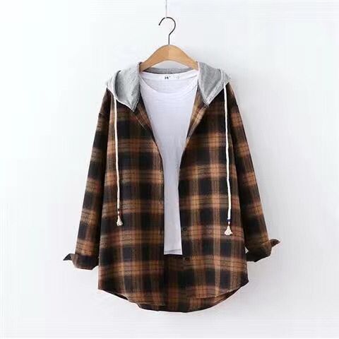 Spring, Summer, Autumn Women's Grid Shirt Retro Hong Kong Style Ins Loose Hooded Sweatshirt Outerwear Shirt